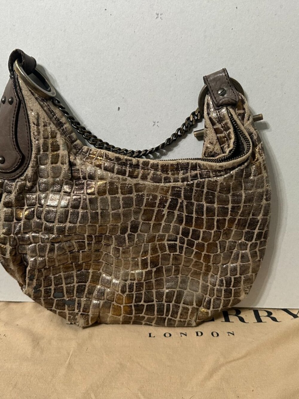 Fendi Metallic Croc Embossed Hobo Chain Strap Hologram Authenticated Well Loved - Picture 2 of 7